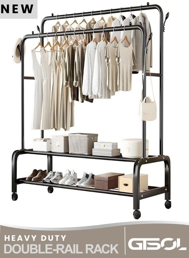 GTSOL Double Rail Clothes Rack with Wheels | Heavy Duty Metal Garment Rack with 2-Tier Shelves | Rolling Clothes Rail Storage Stand for Bedroom, Home & Office - Image 1